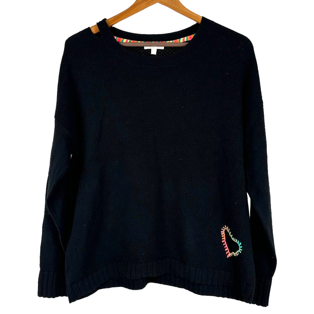 Lisa Todd NWT Lover Embroidered Rainbow Heart Sweater in Black Size L Ribbed